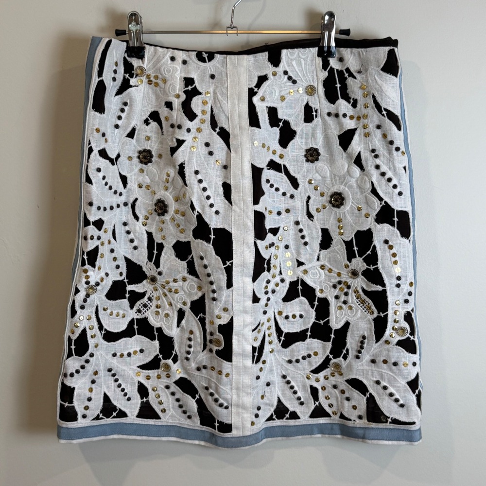 Perse Floral Embroidered Sequin Beaded Mini Skirt Black White Gold Blue US 8